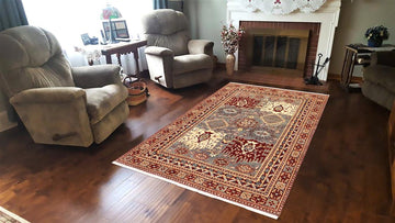 handmade Traditional Kafkaz Gray Red Hand Knotted RECTANGLE 100% WOOL area rug 5 x 6